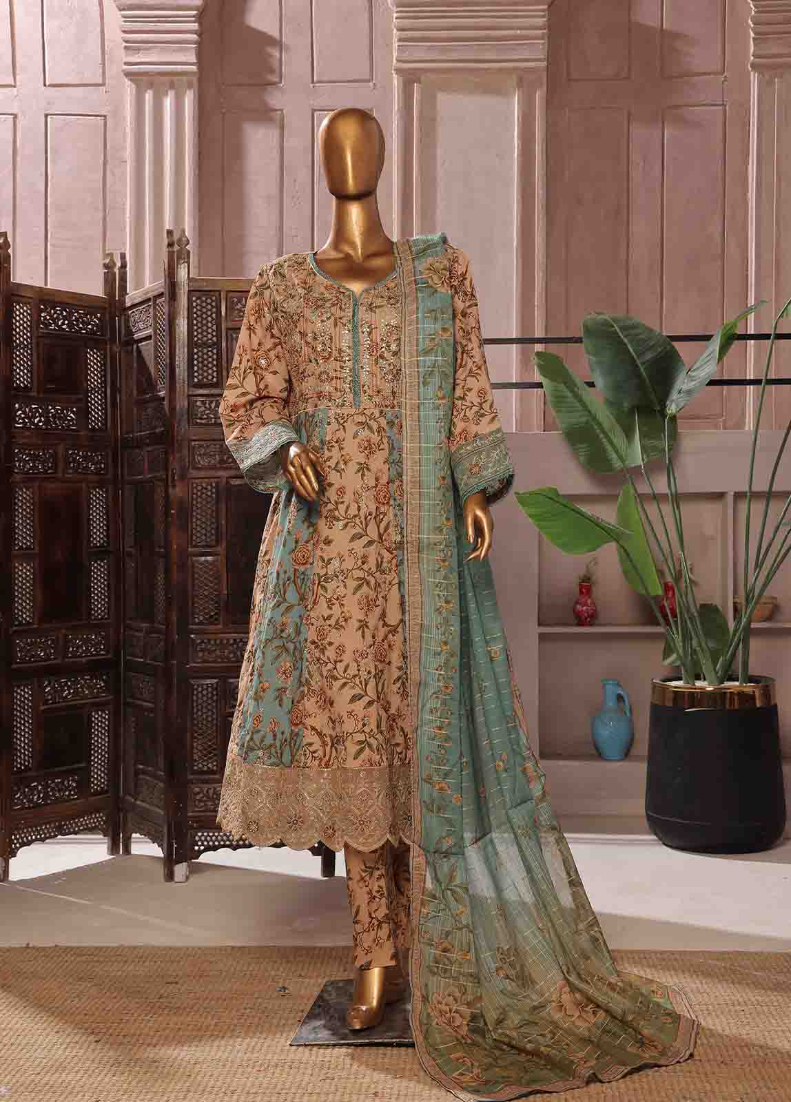 I-004 Bin Saeed Stitched 3 Piece Embroidered Luxury Lawn Maxi